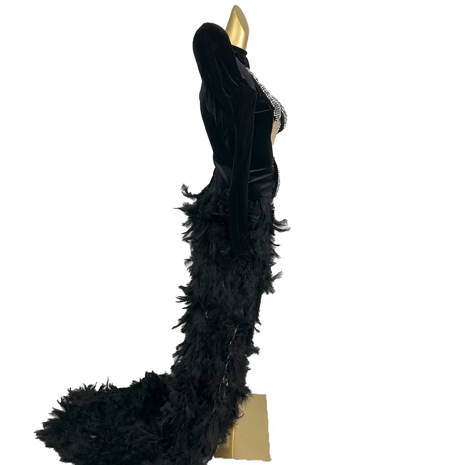 Luxury Fashion Costume Black Feather Tail Diamond Snake Cutout Dresses Women Goth Clothing Celebrate Red Carpet Outfit Shelifu