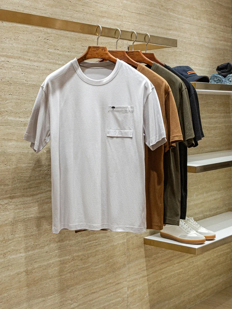 

LP Lyocell Acetate Fabric Summer Men's Pocket Crew Neck Short T-Shirt