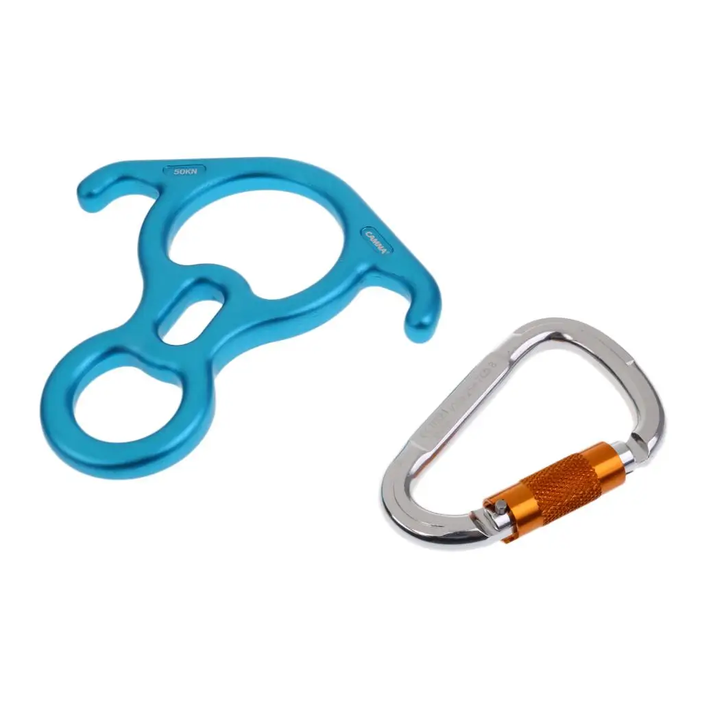 50KN 8 Figure Descender + 25KN D-shape Carabiner Hook Belay System