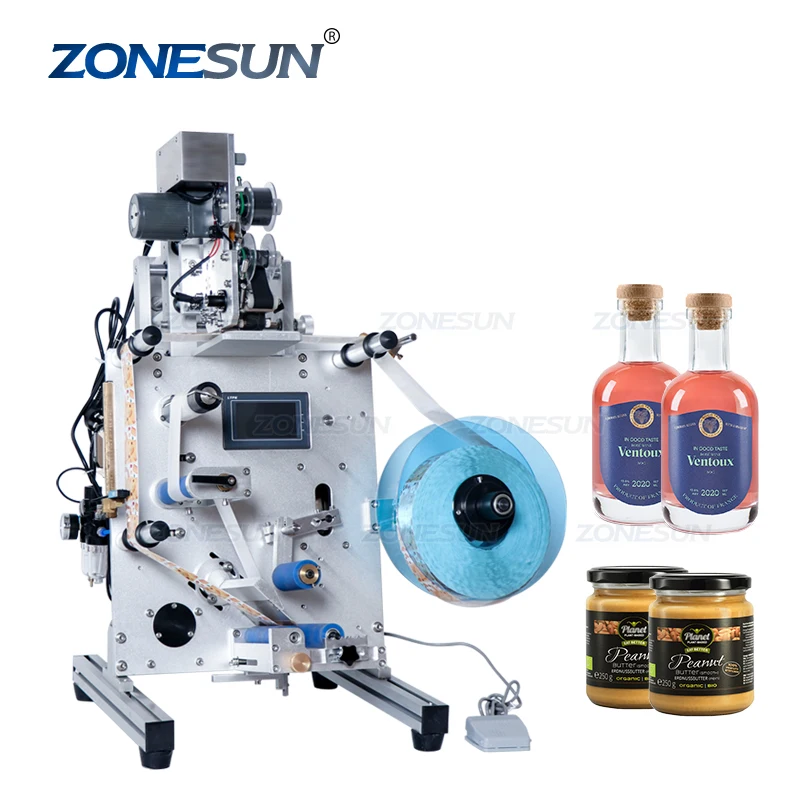 

ZONESUN SL-130 Wine Double Side Sticker Round Water Semi Automatic Digital Bottle Labeling Printing Machine For Plastic Bottle