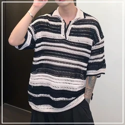 2024 New Summer Youthful Vitality Hip-hop Fashion Niche Lapel Hollowed Out Color Block Stripes Loose Casual Dopamine Polo Shirt