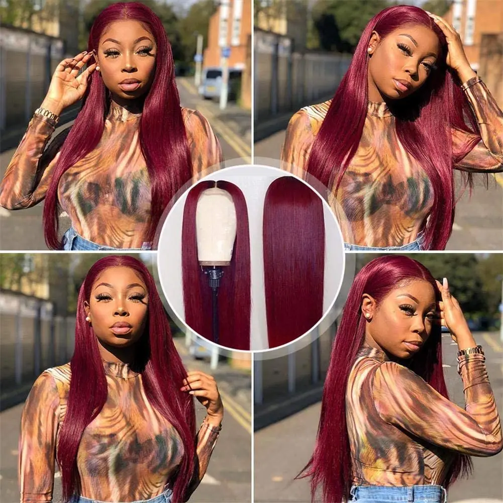 Perruque Lace Front Brésilienne Naturelle Lisse Rouge Bordeaux, Cheveux Colorés, 99J, 13x4 HD, pour Femme Africaine