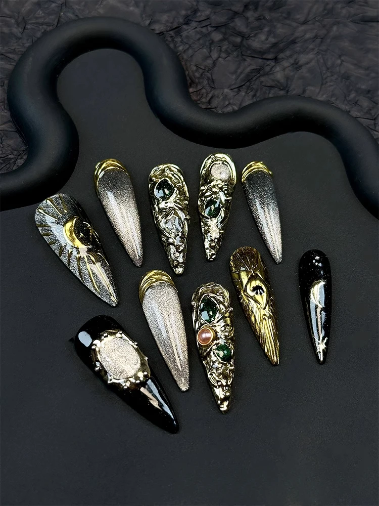 

New Black Silver Black Gold Gem Moon Nail Art Wearing Nail Heavy Industry Three-dimensional Relief Pure Handmade Design