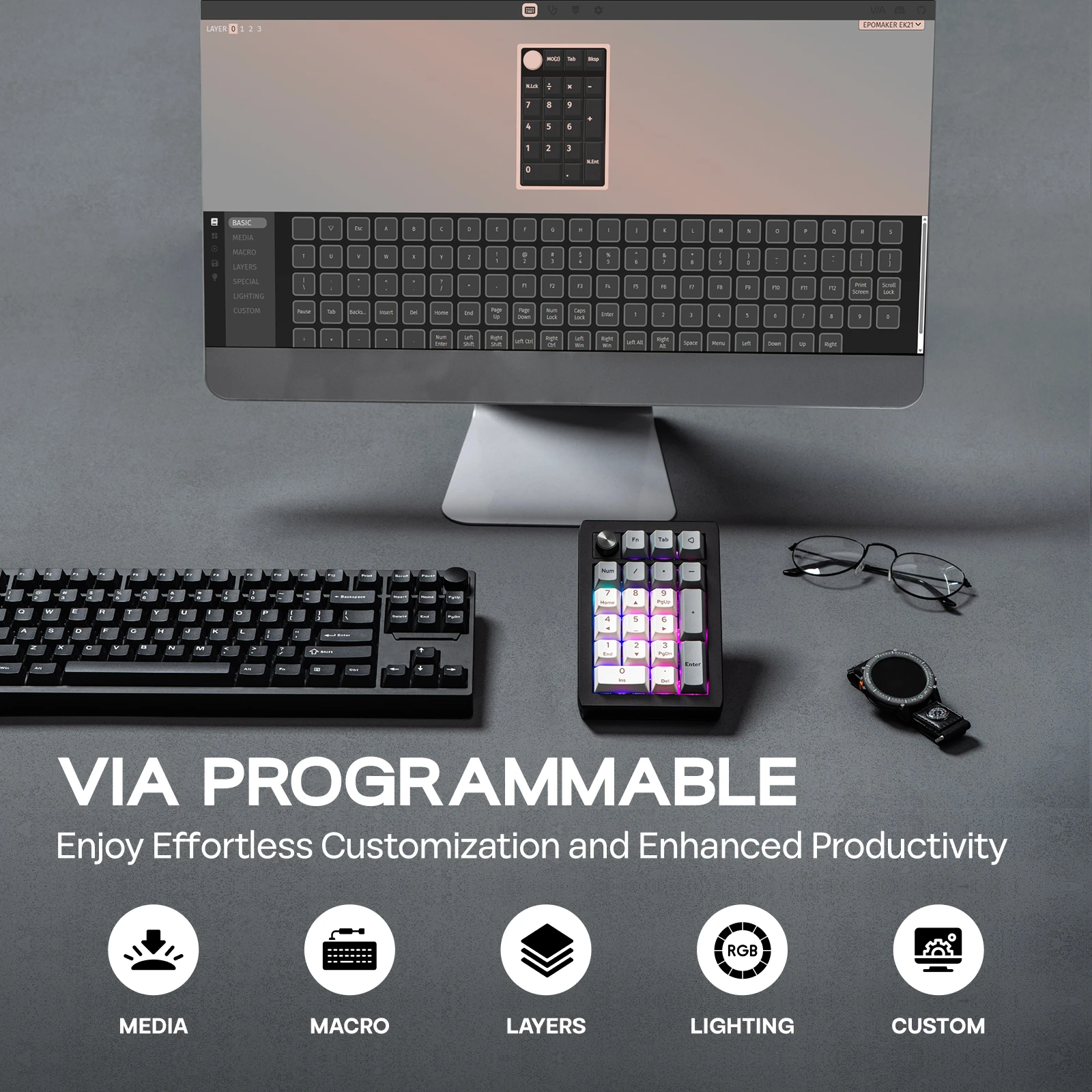 Epomaker ek21 via 20% junta com fio/bluetooth/2.4ghz sem fio nkro numpad botão de liga de alumínio 1000mah bateria para win/mac/jogos
