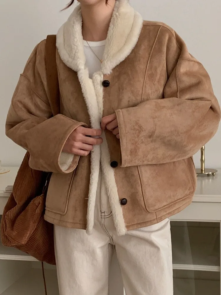 

Korean Sle Winter Vintage Soft Double-Sided Wear Suede Lamb Fur Inteated Collar ort Jaet Women's Faion Outerwear