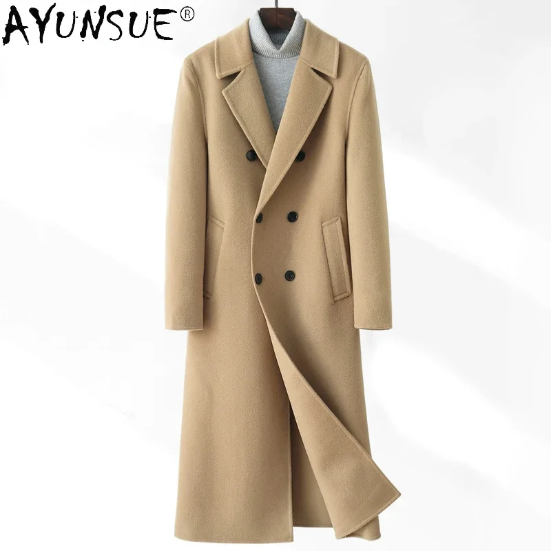 AYUNSUE High-end Double-sided Woolen Coat Men Winter Long Over-the-knee 100% Wool Trench Coat Handsome Woolen Jacket for Men