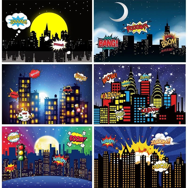 

Superhero City Backdrop Birthday Party Decorations Banner Comics Hero Night Cityscape Skyline Building Photography Background