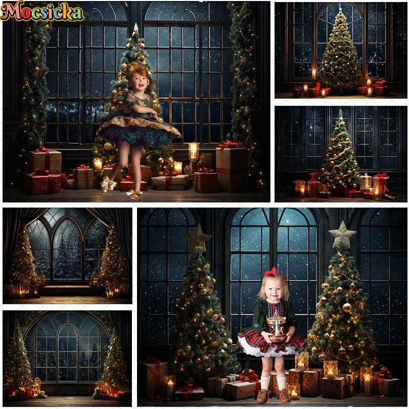 

Mocsicka Indoor xmas Window Backdrop Photography Night Stars Christmas Tree Decor kids Portrait Family Party Photo Backgrounds