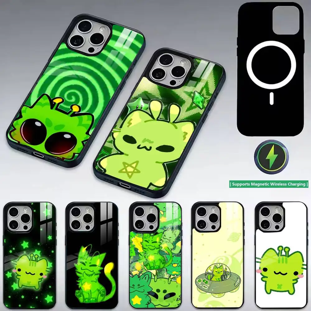 Alien Cat Green G-Gnarpy Meme Phone Case For iPhone17,16,15,14,13,12,11 Plus,Pro Compatible with magnetic wireless charging