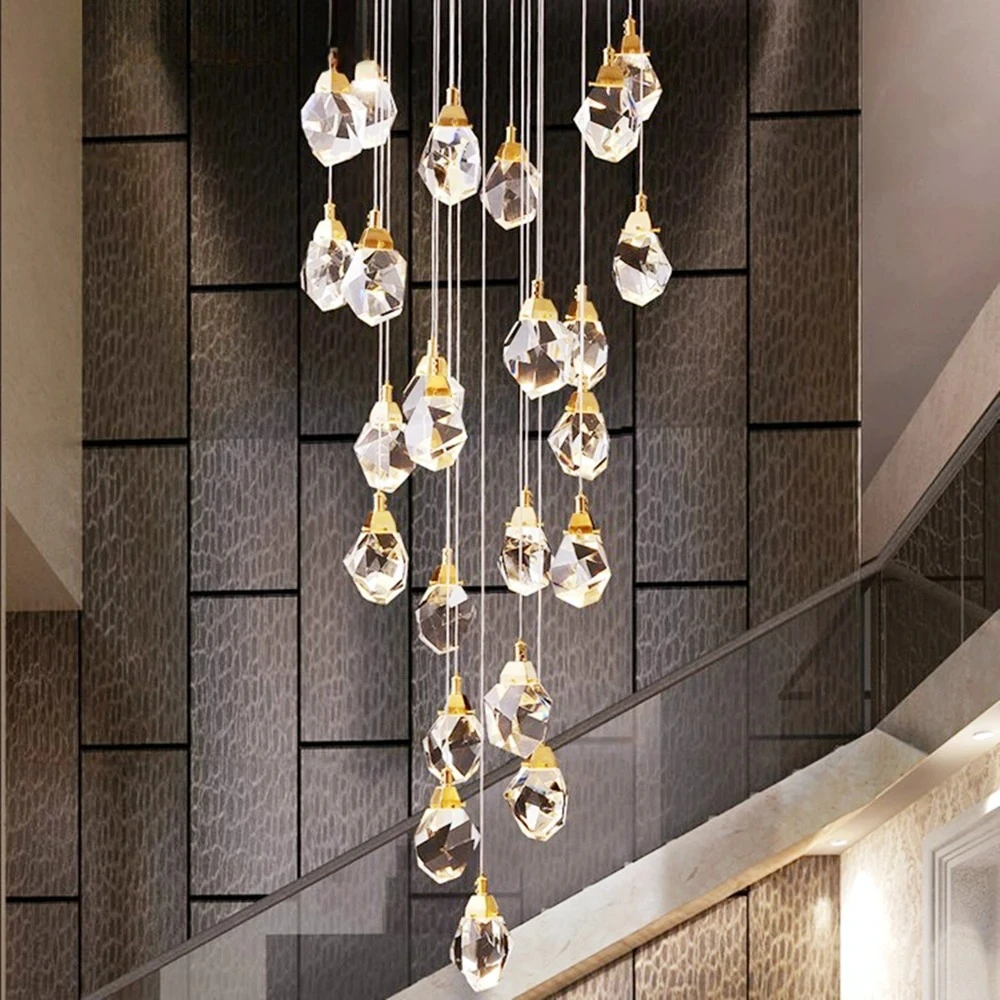 

Luxury Diamond Crystal Led Pendant Light Staircase Large Chandelier for Living Room Hall Golden Lustres Home Decor Hanging Lamp