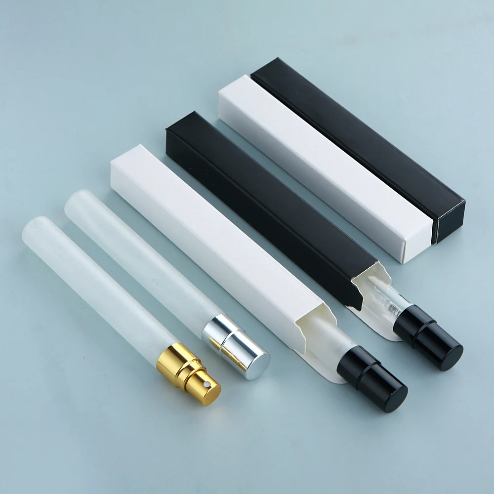 

10 мл 50 шт./лот, пустой флакон духов с коробкой, матовый распылитель, распылитель, парфюмерные предметы первой необходимости для путешествий, принт логотипа, дополнительная оплата