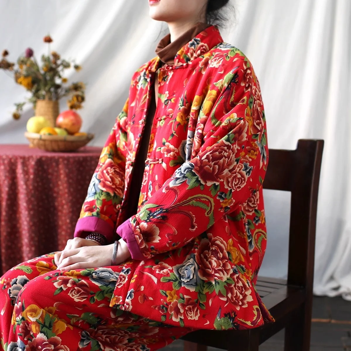 Thickened Warmth Cotton Jacket Northeast Big Flower Pattern Retro Nostalgic Loose Winter Ethnic Style Button up Tang Suit Cot...