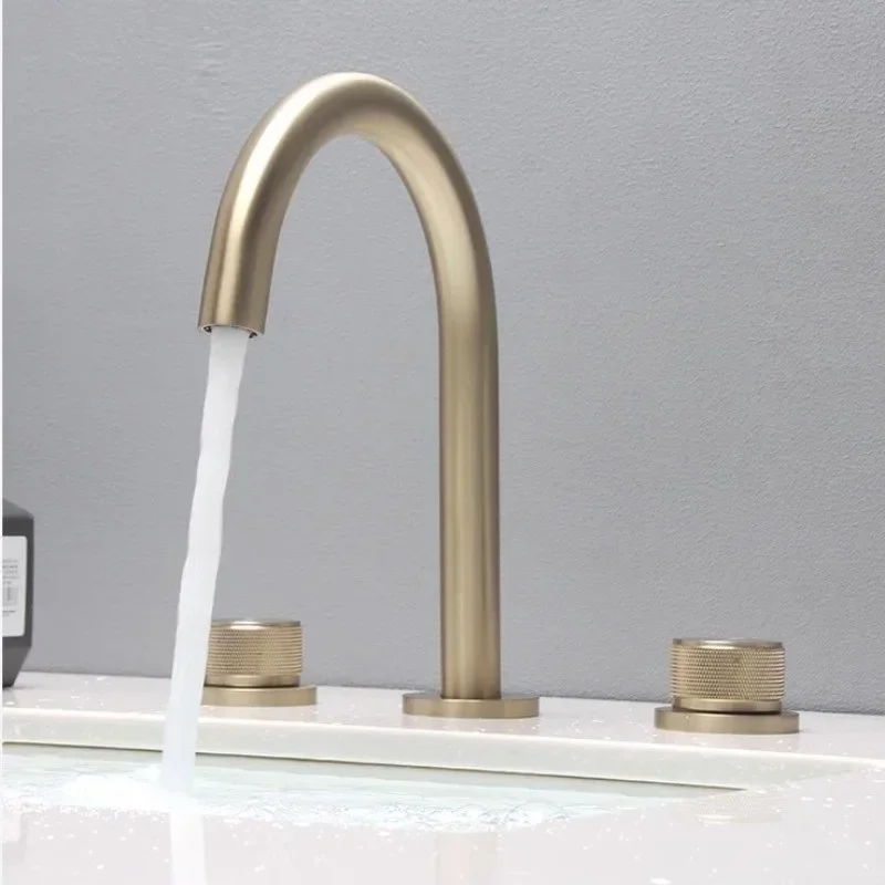 59# Solid Brass Brushed Gold Split Basin Faucet Deck Mounted Sink Faucets 3 Hole Double Handle Hot And Cold Water Mixer Tap