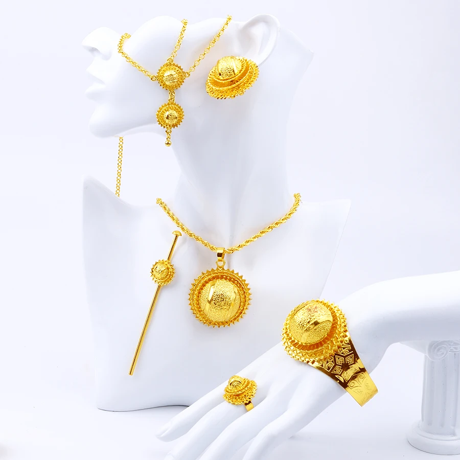 Cross border Dubai 24K Gold Sun Hat Jewelry African Bride Necklace Earrings Ring Bracelet Hairpin Head Chain Six Piece Set