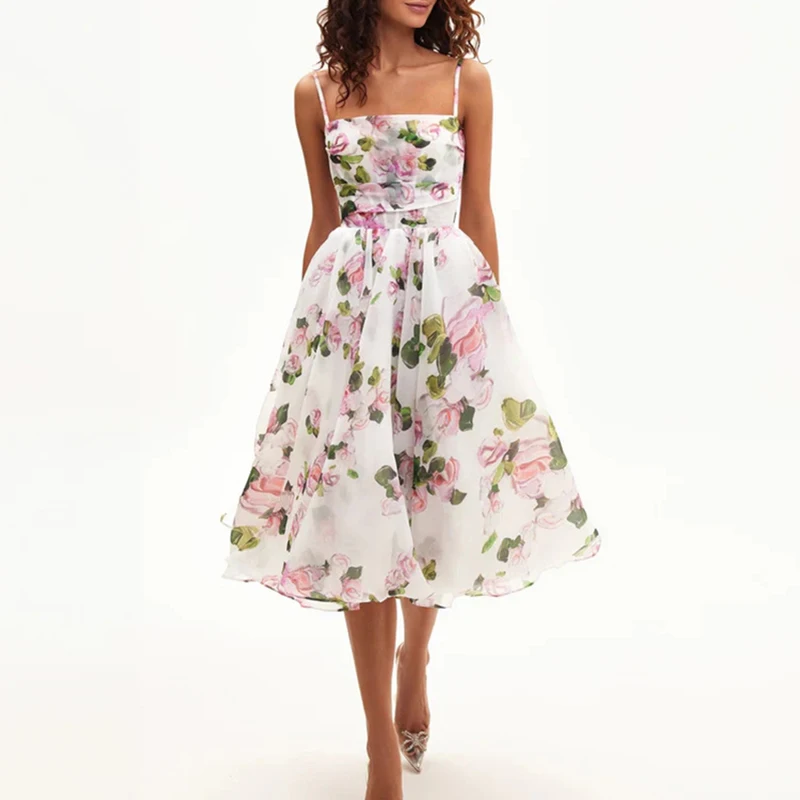 

Elegant Women Slash Neck Waist Chiffon Dress Fashion Off Shoulder Garden Banquet Dress Summer Floral Print Suspender Party Dress