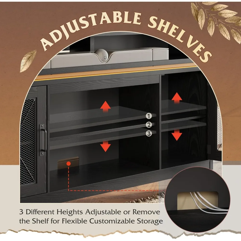 Meblowy regał RTV w stylu farmhouse na telewizor 65 cali z wysokimi szafkami do przechowywania i konsolą multimedialną z oświetleniem LED.