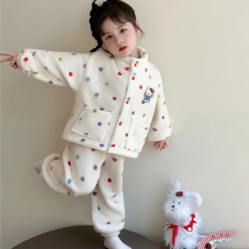 سانريو الساخن مرحبا كيتي الفانيلا منامة 2 قطعة مجموعة الطفل بلايز السراويل الشتاء فتاة Kawaii أنيمي الكرتون موضة جديدة ملابس منزلية غير رسمية