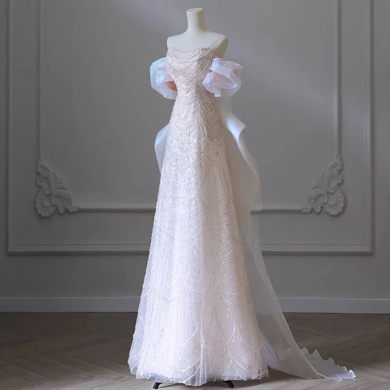 

High-end Off-shoulder Strapless Elegant Train Dress for Coming-of-age Ceremony, Wedding, Birthday, Prom, Graduation Ceremony
