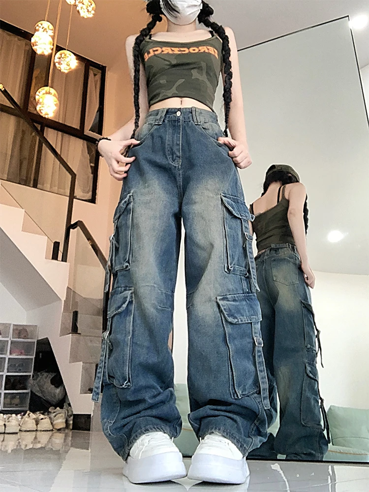 Women's Y2k Cargo Jeans Baggy Harajuku 90s Aesthetic Denim Trousers Vintage Jean Pants Japanese 2000s Style Trashy Clothes 2024