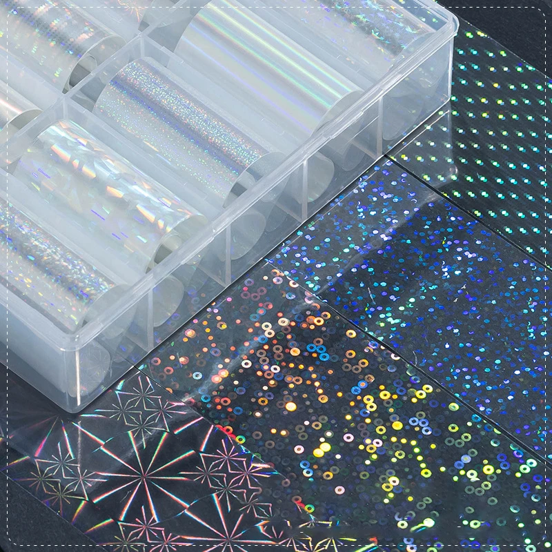 6/10 لفات من رقائق نقل الأظافر بتأثيرات الليزر والسماء المرصعة بالنجوم والأورورا، ملصقات أظافر زجاجية لنقلها على طلاء الجل وطلاء عين القط، لتزيين الأظافر بنفسك