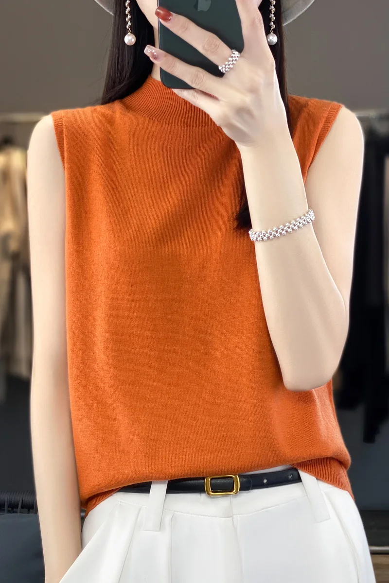 2024 New Spring Summer New Mock Neck Cashmere vest Women sleeveless Cashmere vest Knitted vest Women