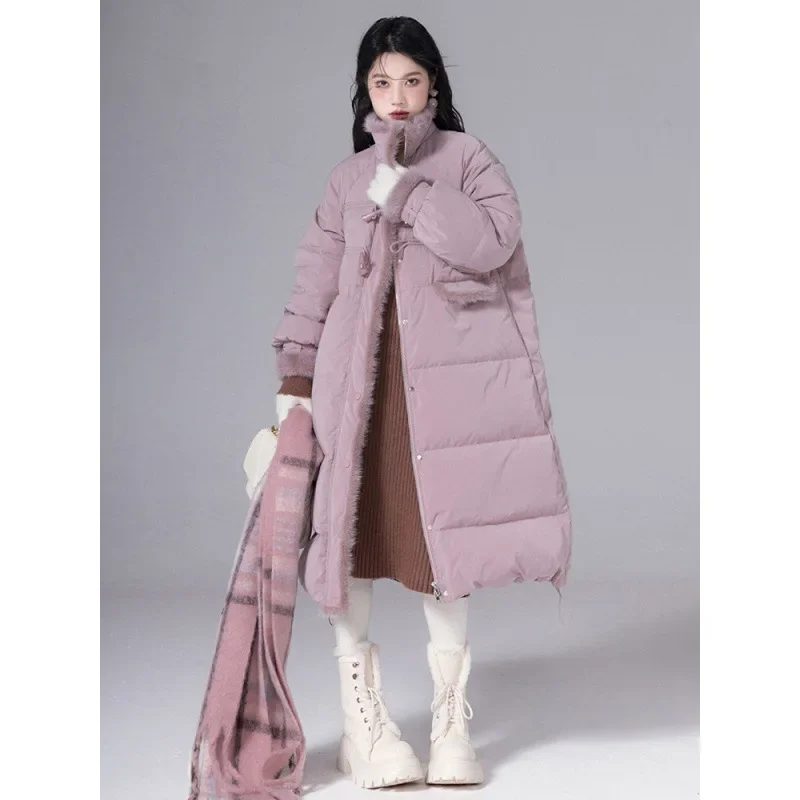 2024 Winter Gentle Texture Plush Splicing Medium To Long Outer Coat for Women Loose Warm and Thick