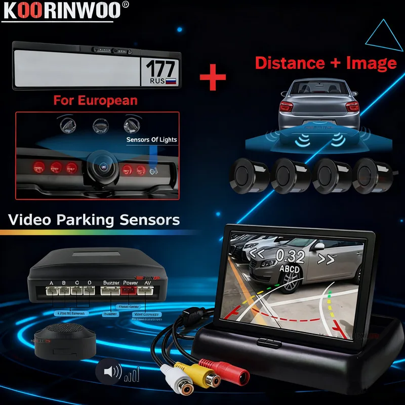 Koorinwoo Intelligent System Cars For European License Plate Number Camera Track camera connected Monitor Rear Parking Sensors 4