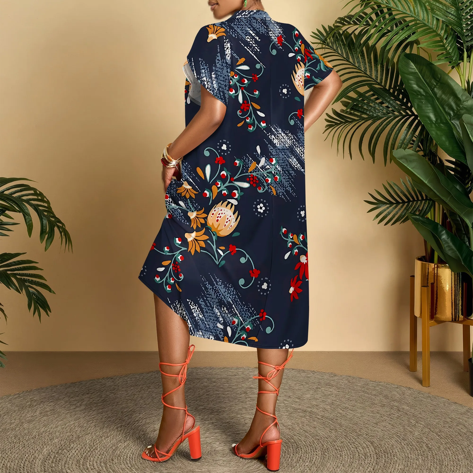 Nupusa Floral & Stripe Print Dress for Women Regular Size Summer Casual V Neck Short Sleeve Midi Dress