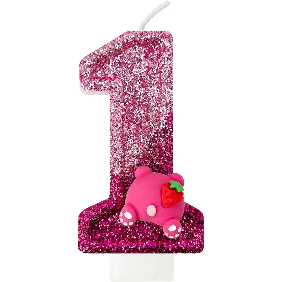 Rosa Bären-Geburtstagskerzen, Nummer 1, Erdbeer-Thema, Kuchendekorationen, Beeren-Cupcake-Dekorationen, Party, Feiern, Geburtstagsafe
