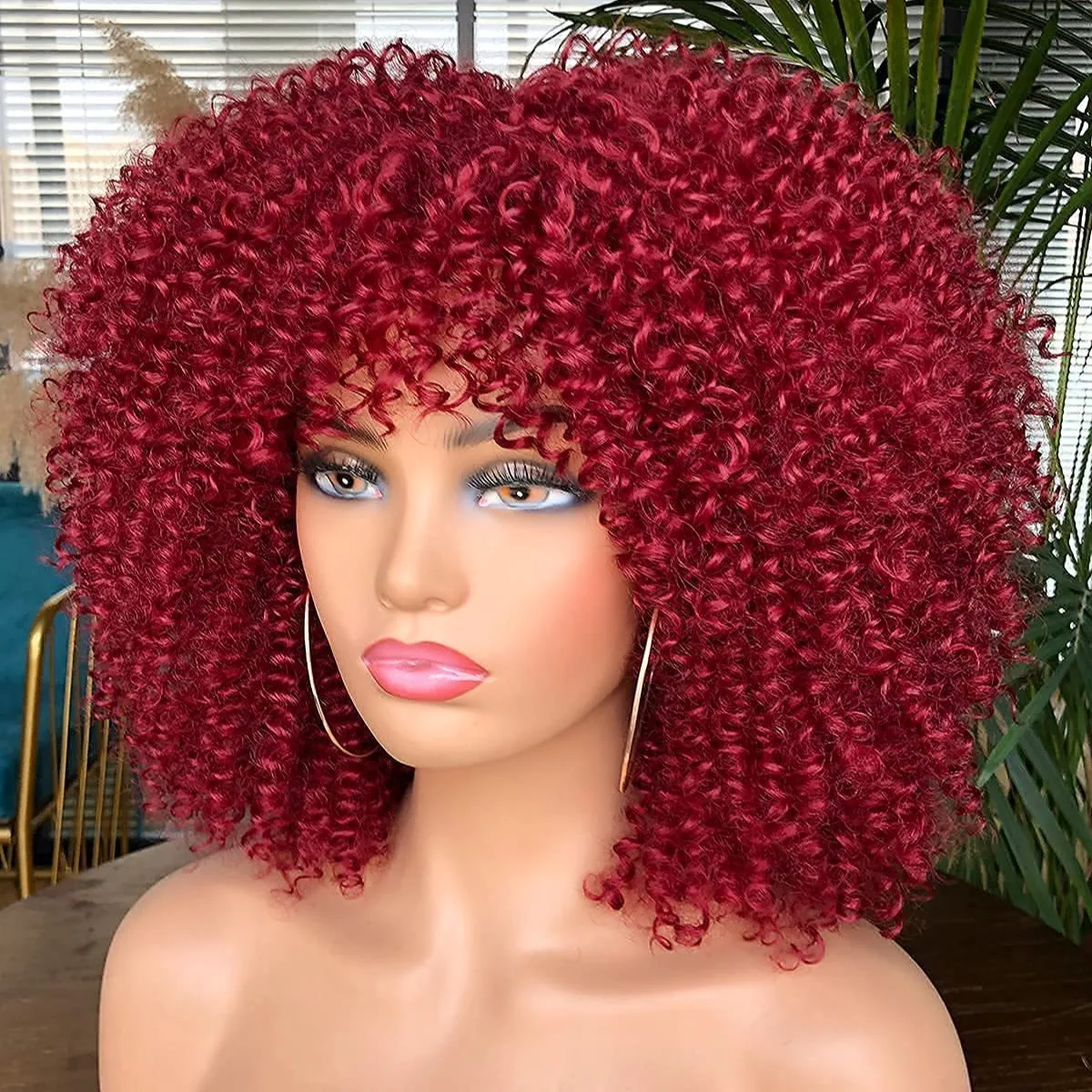 Short Curly Afro Wig With Bangs for Black Women Kinky Curly Hair Wig Afro Synthetic Full Wigs