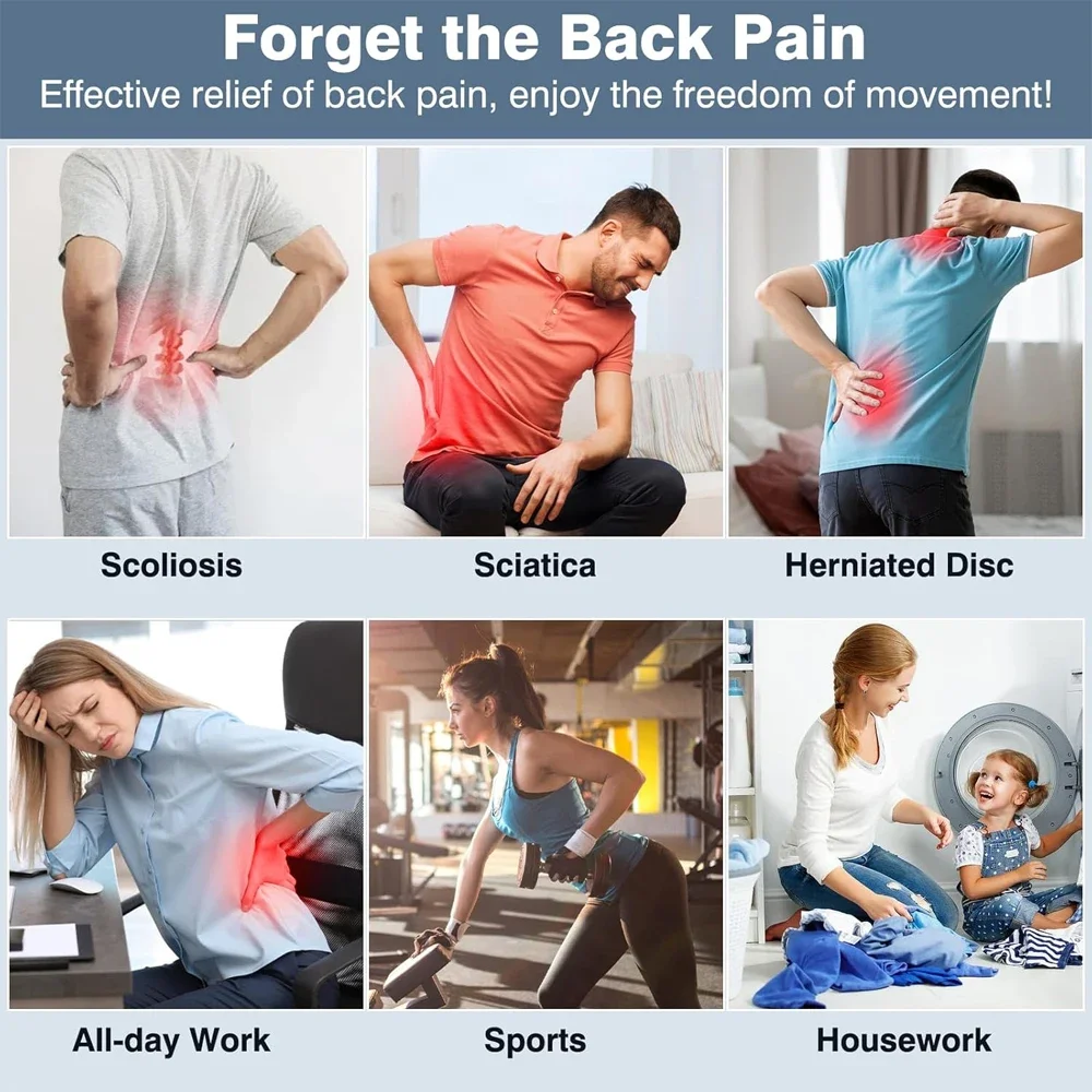 قطعة واحدة من دعامة الظهر للرجال والنساء مع نظام دعم بيونيك، حزام دعم قطني قابل للتعديل، تصميم شبكي مسامي مع وسادة قطنية