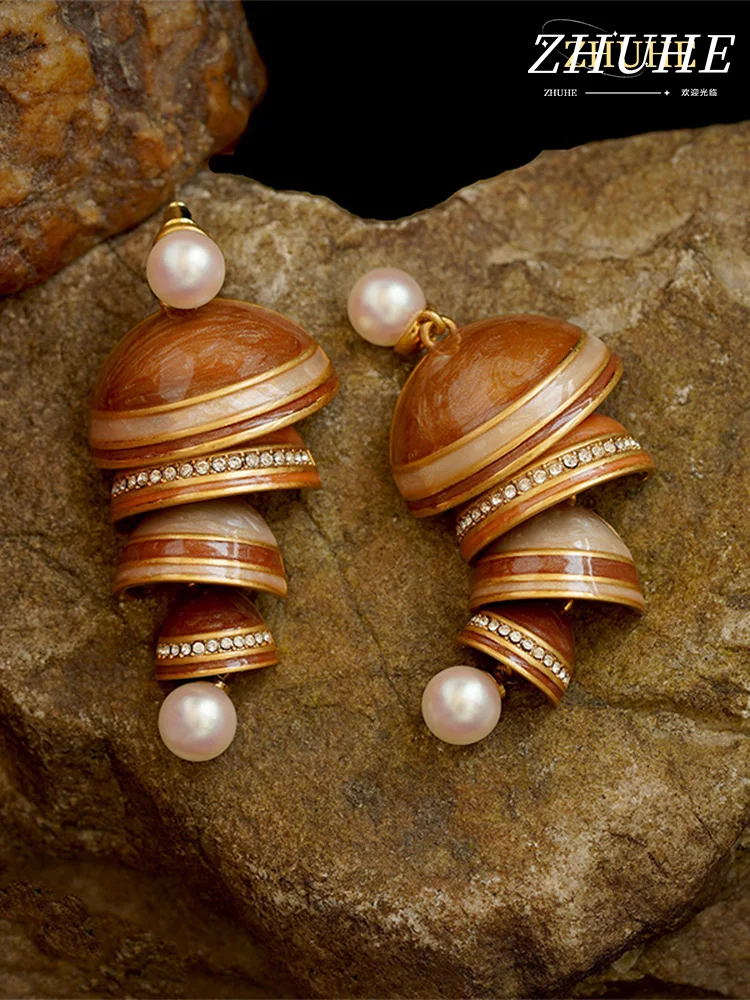 

Bohemian Layered Dome Drop Earrings for Women, Copper Jewelry & Accessories with Pearls & Rhinestones, Vintage Warm Tone Dangle