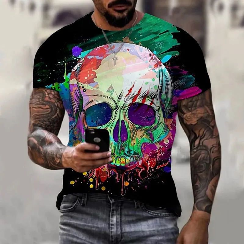 2023 summer New Men\'s Retro round neck T-shirt 3D Print Skull Pattern Trend Fashion Loose  Short Street Sleeve Tops Men Garment