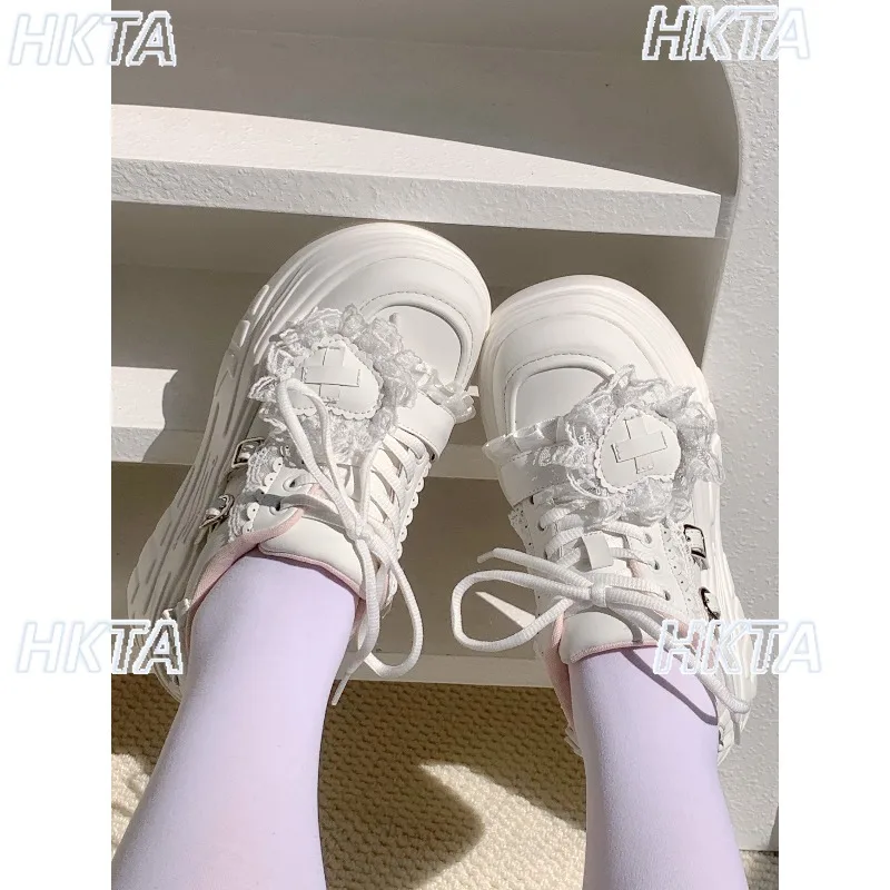 Image of Süße Spitzen-Casual-Sneaker mit Plateau-Sohle für Damen, Subkultur Punk Y2k Goth, Neue Vielseitige Weiße Schuhe mit Runder Spitze für Frauen