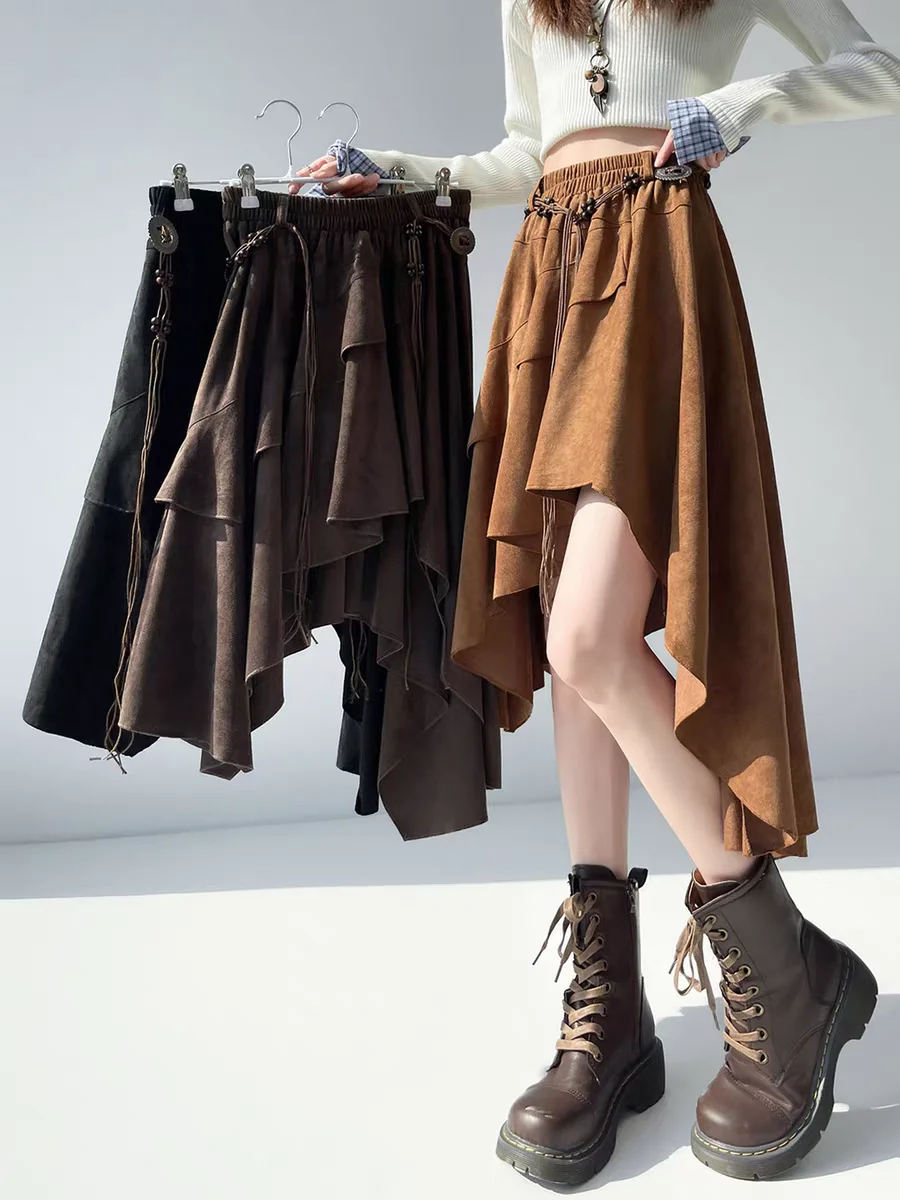 

Винтажная замшевая плиссированная юбка-миди для женщин, эластичная юбка трапециевидной формы с высокой талией и асимметричным подолом, осень-зима 2025