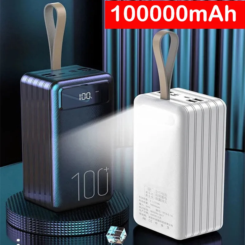 

100000 Супер емкость Power Bank 4 USB-порта для iPhone 15 14 Xiaomi Samsung Powerbank с быстрой зарядкой Портативная зарядная станция