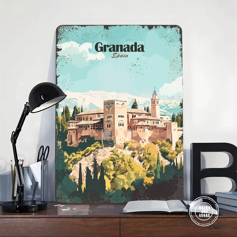 Granada Spain Travel Poster Customized Wall Art Vintage Metal Signs Retro Tin Plaque for Man Cave Decoration Bedroom Decorations