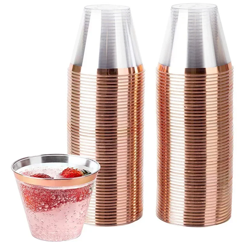25PCS Disposable Plastic Cups Crystal Clear Cocktail Cups Wine Beer Mug Rose Gold for Weddings Thanksgiving Christmas Party