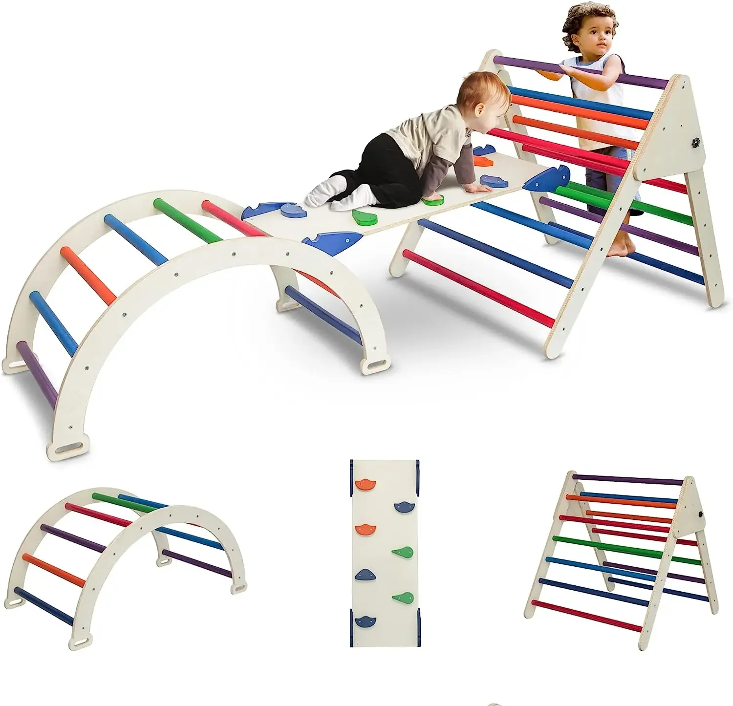 

Montessori Climbing Set with Triangle Climber Triangle Frame Reversible Slide Arch-shaped Rocker Toys Indoor for Toddlers