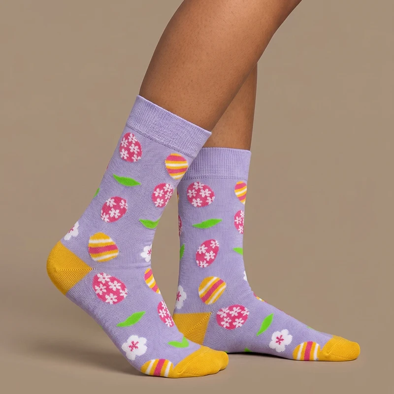 1 Pair of Unisex Socks with Light Purple Background, Easter Egg and Floral Patterns, Yellow Contrast Heel and Toe, Polyester, Breathable, Fun, Mid-Calf Socks, Suitable for Everyday Wear