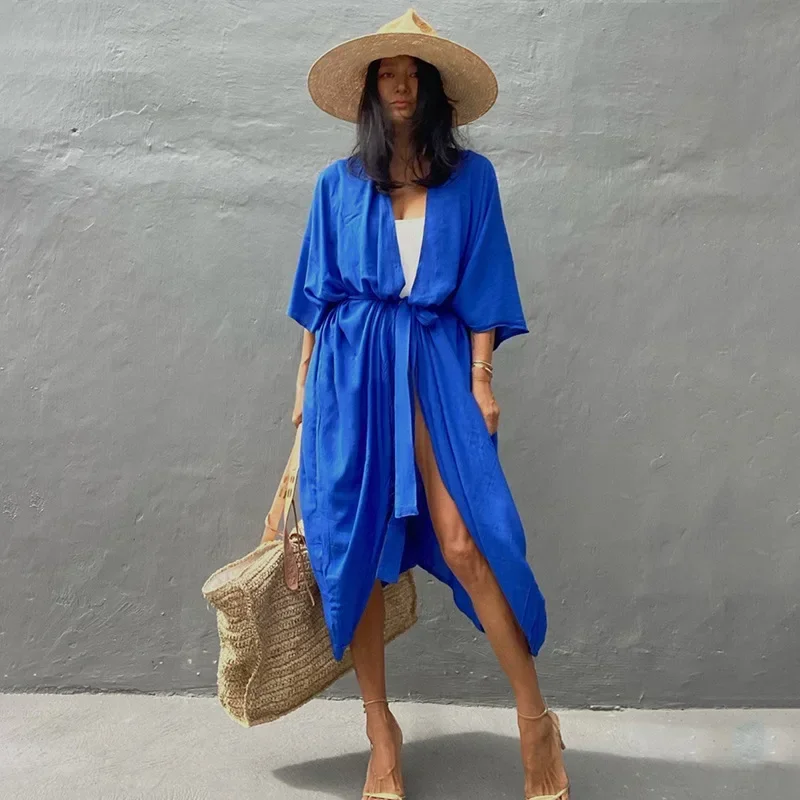 Long Beach encobrir kaftan, vestido de algodão sólido, maiô manga, 2022