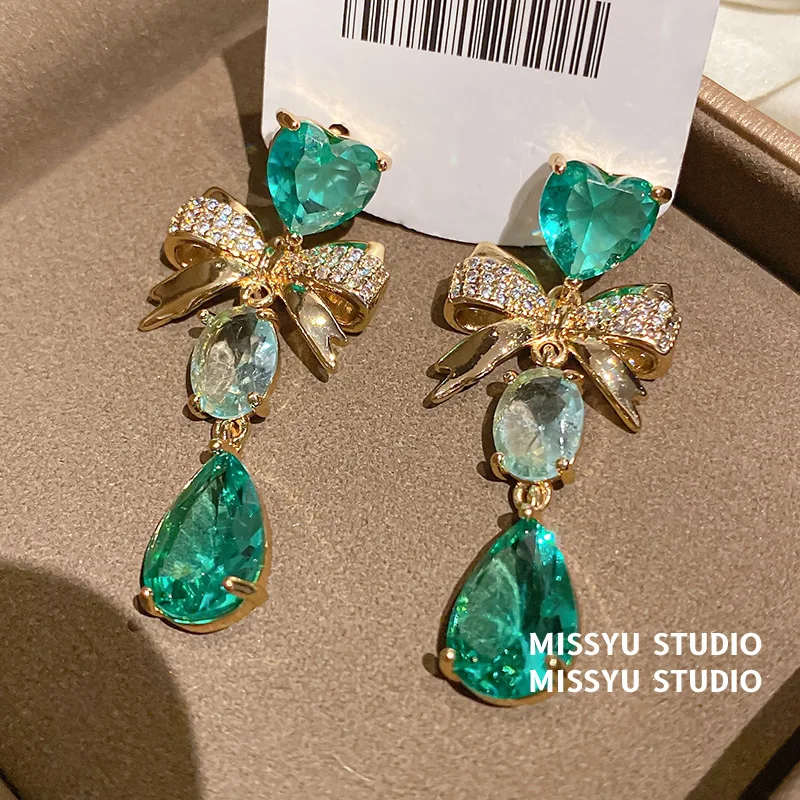Stud Earrings for Women Gems Eardrop Vintage Green Zircon Bowknot Elegant Jewelry Hyperbole Fashion Pendientes Mujer Elegant Ear