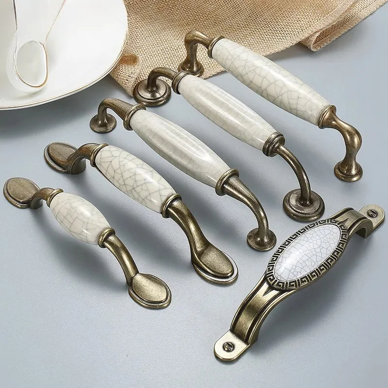 European Crack Ceramic Handle New Chinese Antique Bronze Cabinet Drawer Wardrobe Door Knob Pull Hardware