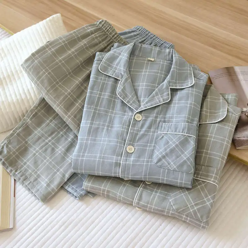 Breathable Cotton Gauze Men's Sleepwear Set, Plaid Print Long Sleeve & Pants, Loose Fit Plus Size Spring Summer Pajamas