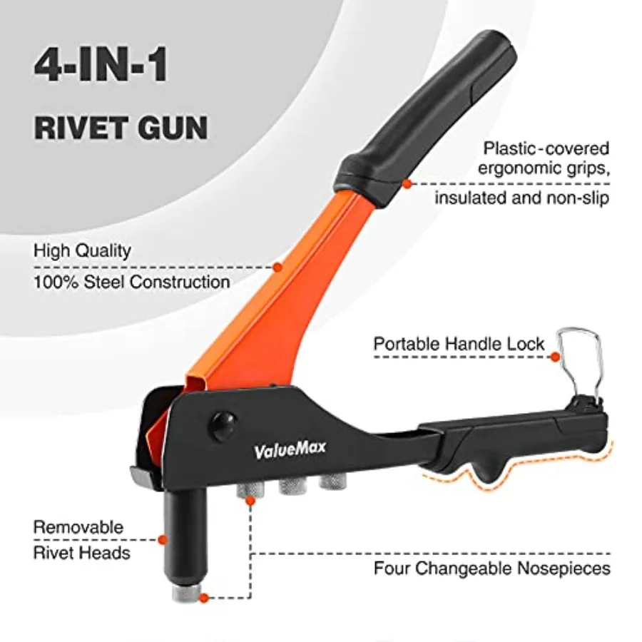 4in1 Hand Riveter Rivet Gun Pop Rivet Tool Kit with 200 Rivets in 3 32inch 1 8inch 5 32inch 3 16inch Sizes and 4 Interchangeabl