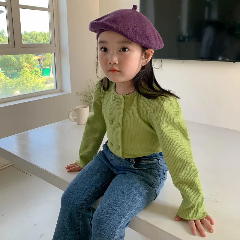 Girls Green Sweater Knitted Cardigan Baby New Autumn Top Outside Cardigan Coat Korean Simple Style Fashion Sweater Clothes