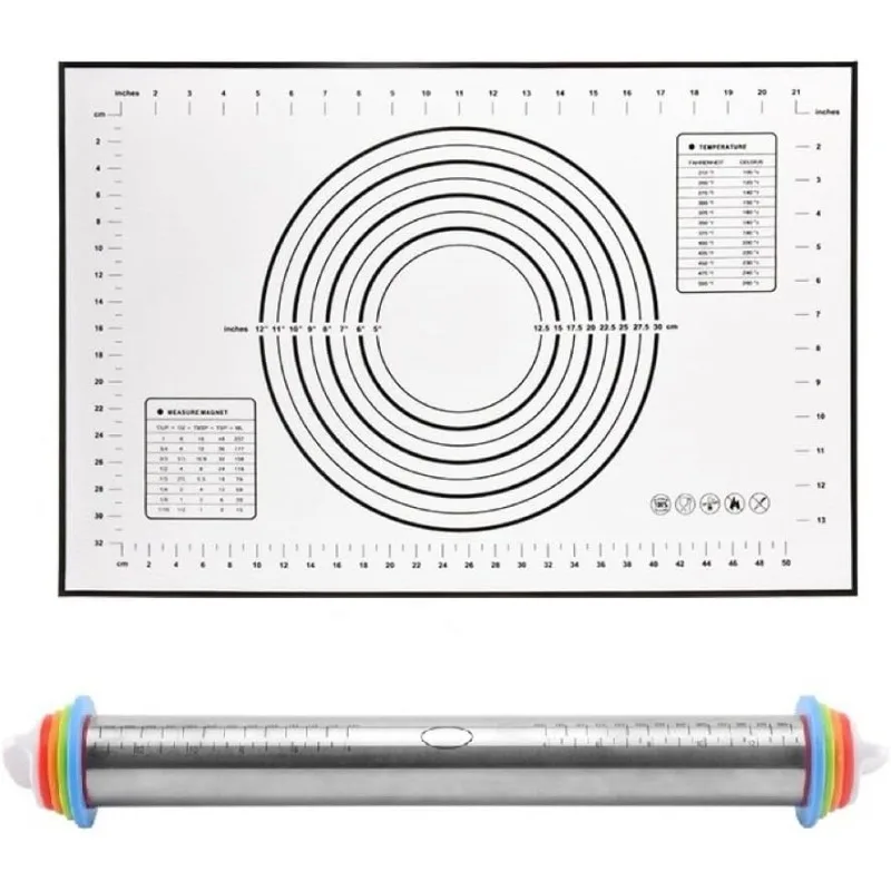 Stainless Steel Dough Roller with Adjustable Thickness Rings,Rolling Pin and Silicone Baking Pastry Mat Set or Only Mat