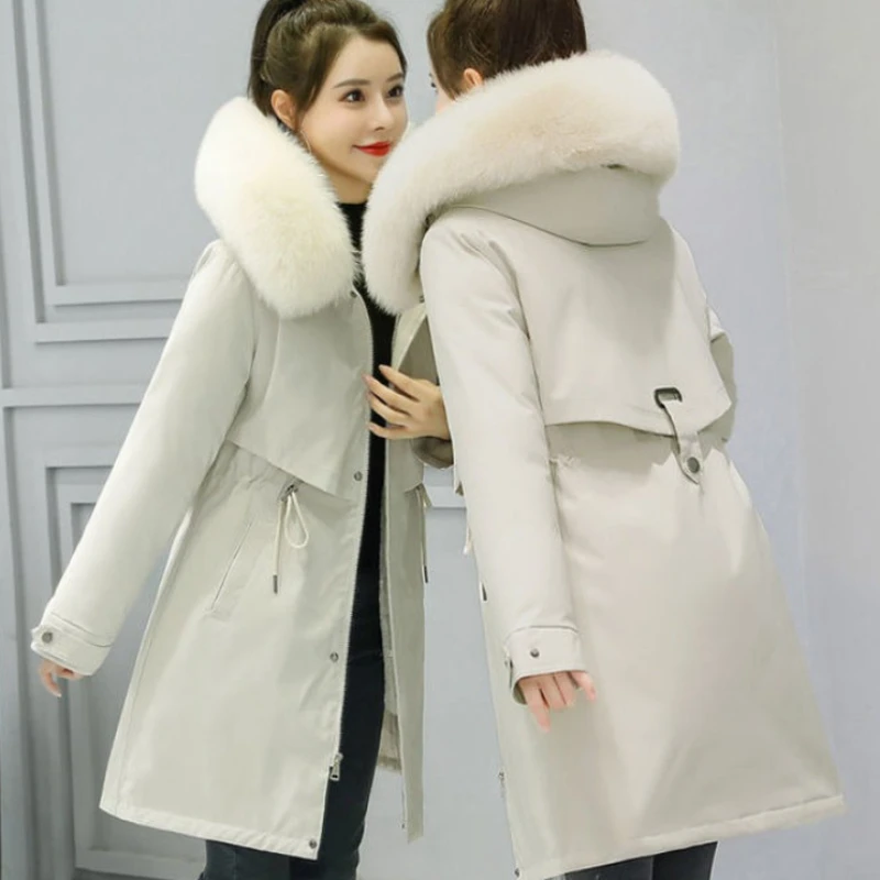 

2025 Winter Women's Fleece Lined Thermal Insulated Parka Coat Mid Length Cargo Style Hooded Cotton Coat with Large Fur Hood