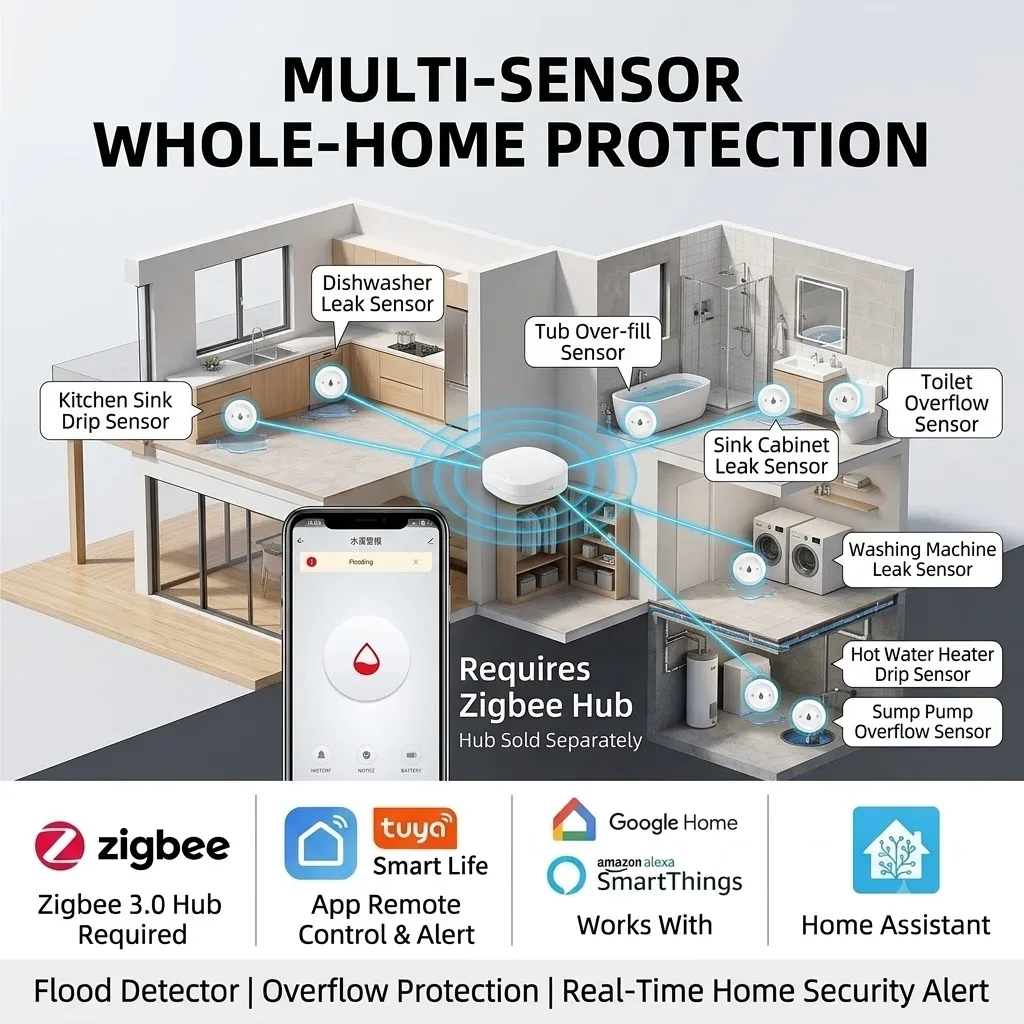 ZigBee Wasserleck-Detektor, Verknüpfter Hochwassersensor, Überlauf-Alarm, Wasserdichter Smart-Home-Sicherheitssensor – Detail 1