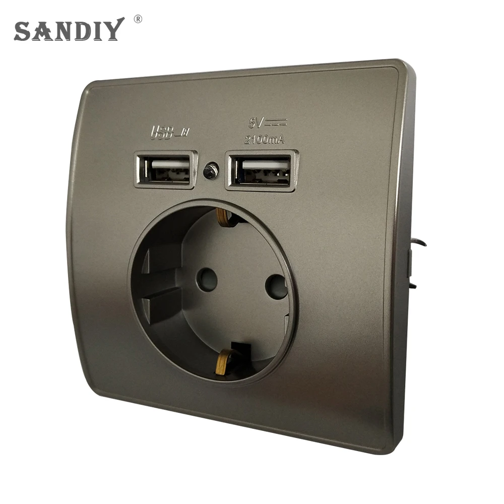 

SANDIY Eu Standard 16a 220v Ac Socket Dual Usb with Socket 86*86 Grey Socket Adapter Wall Universal with Usb Electric Socket